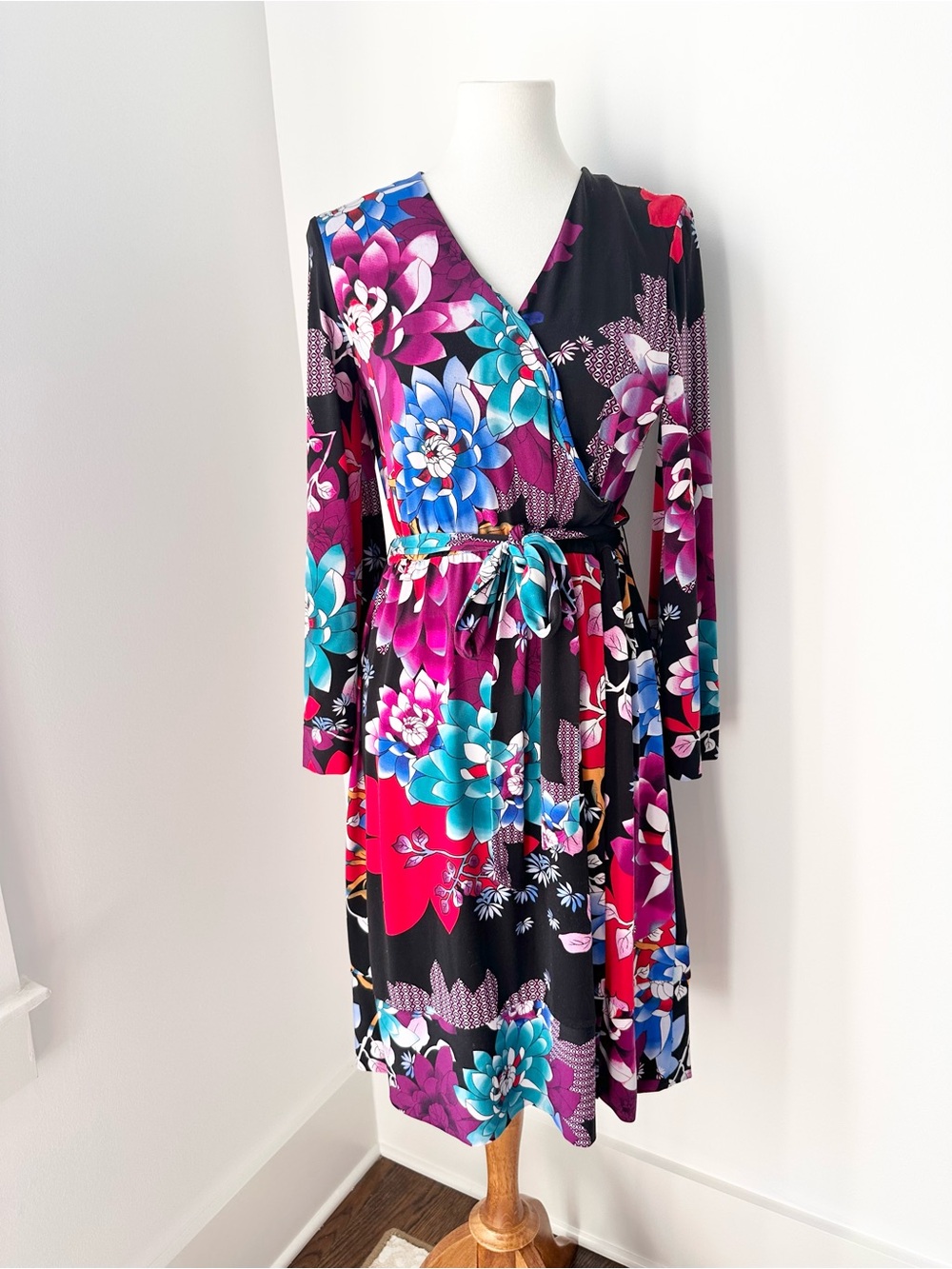 Calvin Klein Black Floral Wrap Dress with Teal, Purple & Red Accents Size 12
